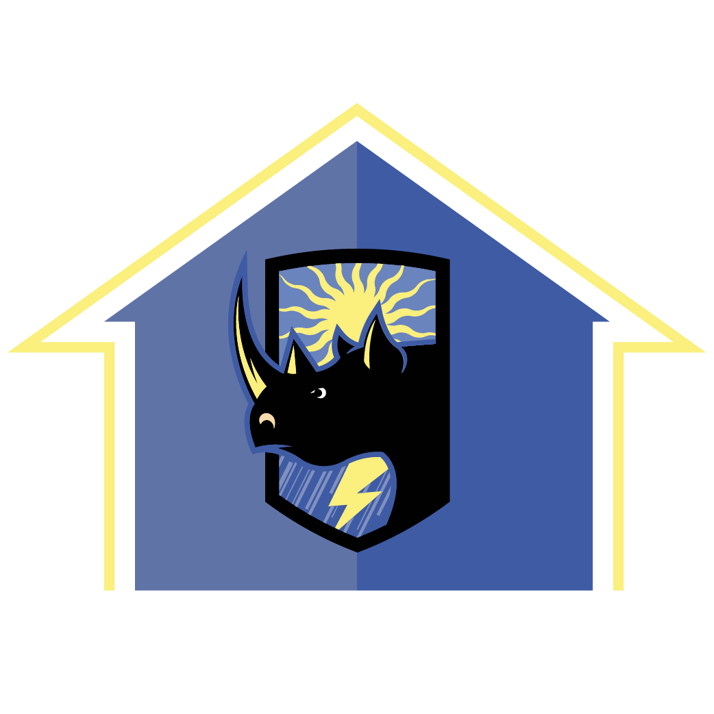 Illustration of a house-shaped outline with a blue rhino logo inside featuring a sun and lightning bolt