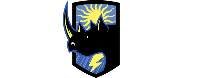 Rhino Shield logo featuring a stylized black rhino with a lightning bolt and sun in the background